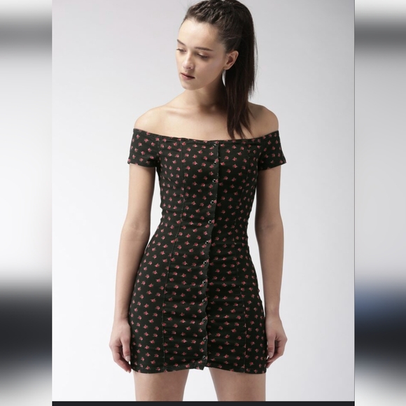 F21 Denim Printed Bardot Dress - Picture 1 of 8